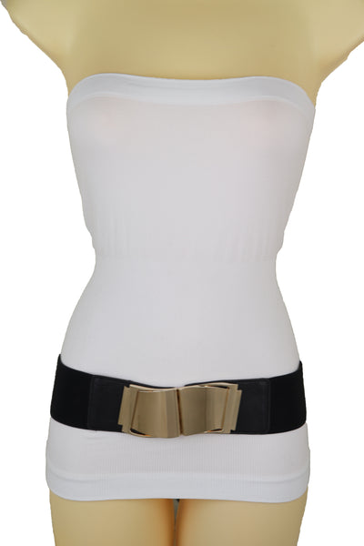 Brand New Women Black Faux Leather Stretch Waistband Hip High Waisted Belt Gold Wave Buckle S M