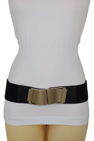 Brand New Women Black Faux Leather Stretch Waistband Hip High Waisted Belt Gold Wave Buckle S M