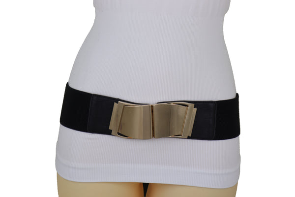 Brand New Women Black Faux Leather Stretch Waistband Hip High Waisted Belt Gold Wave Buckle S M