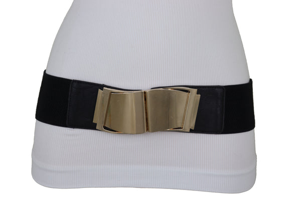 Brand New Women Black Faux Leather Stretch Waistband Hip High Waisted Belt Gold Wave Buckle S M