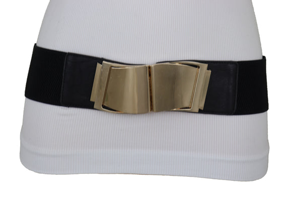 Brand New Women Black Faux Leather Stretch Waistband Hip High Waisted Belt Gold Wave Buckle S M