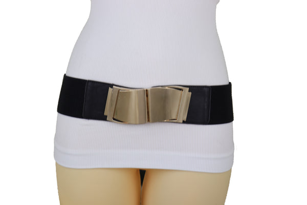 Brand New Women Black Faux Leather Stretch Waistband Hip High Waisted Belt Gold Wave Buckle S M