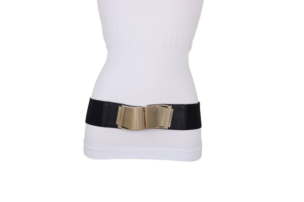 Brand New Women Black Faux Leather Stretch Waistband Hip High Waisted Belt Gold Wave Buckle S M