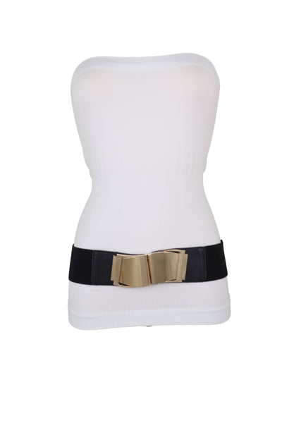 Brand New Women Black Faux Leather Stretch Waistband Hip High Waisted Belt Gold Wave Buckle S M