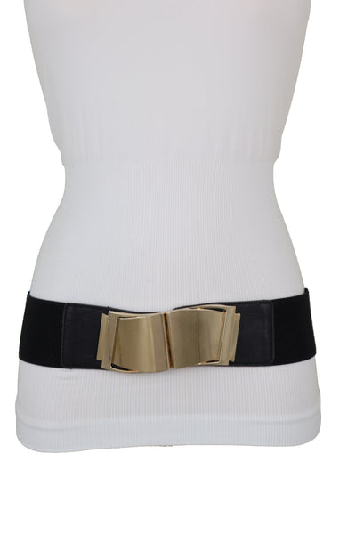 Brand New Women Black Faux Leather Stretch Waistband Hip High Waisted Belt Gold Wave Buckle S M