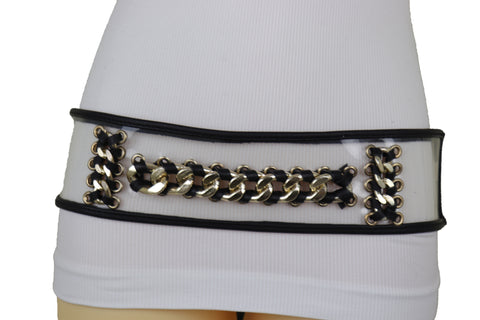 Brand New Women Wide Black Elastic Hip High Waist Fashion Belt Gold Metal Chain Links Size XS S