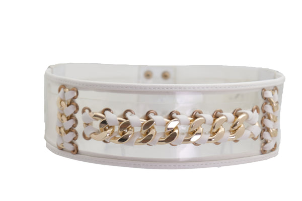 Brand New Women White Elastic Waistband Belt Gold Metal Chain Hip High Waist Size XS S