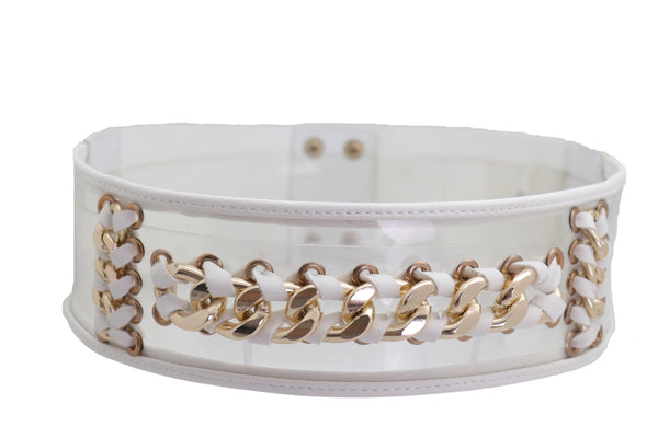 Brand New Women White Elastic Waistband Belt Gold Metal Chain Hip High Waist Size XS S