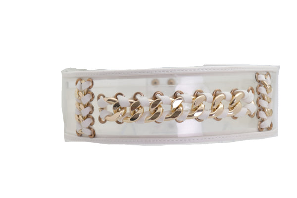 Brand New Women White Elastic Waistband Belt Gold Metal Chain Hip High Waist Size XS S