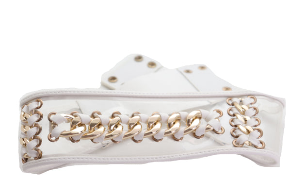 Brand New Women White Elastic Waistband Belt Gold Metal Chain Hip High Waist Size XS S