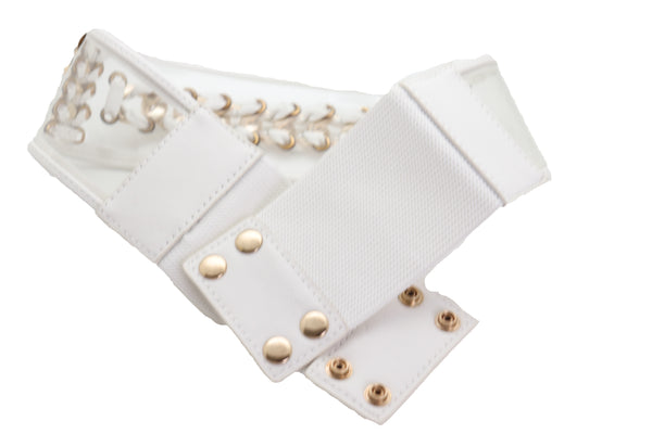 Brand New Women White Elastic Waistband Belt Gold Metal Chain Hip High Waist Size XS S