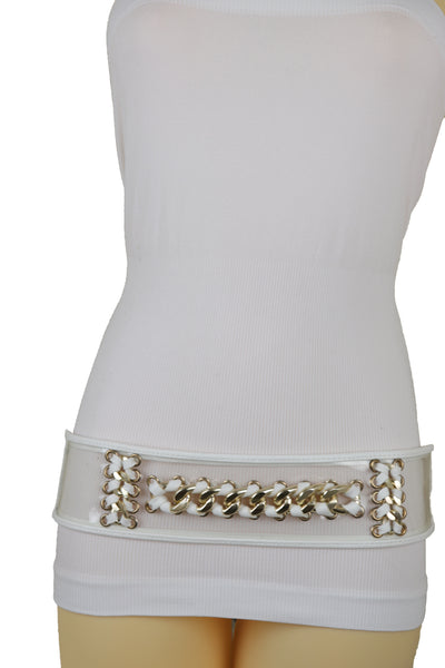 Brand New Women White Elastic Waistband Belt Gold Metal Chain Hip High Waist Size XS S