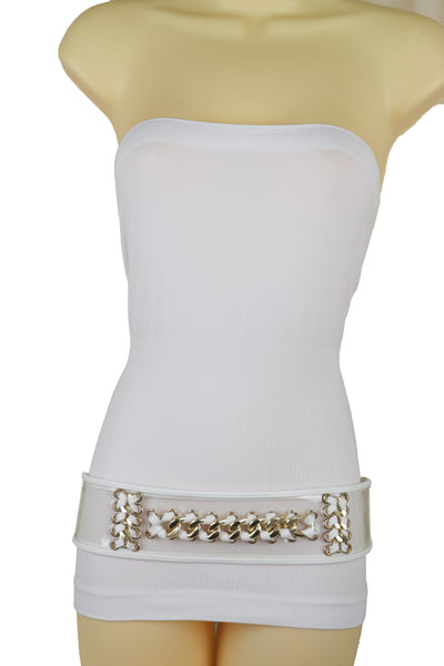 Brand New Women White Elastic Waistband Belt Gold Metal Chain Hip High Waist Size XS S