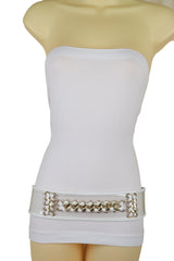 White Elastic Waistband Belt Gold Metal Chain Hip High Waist Size XS S