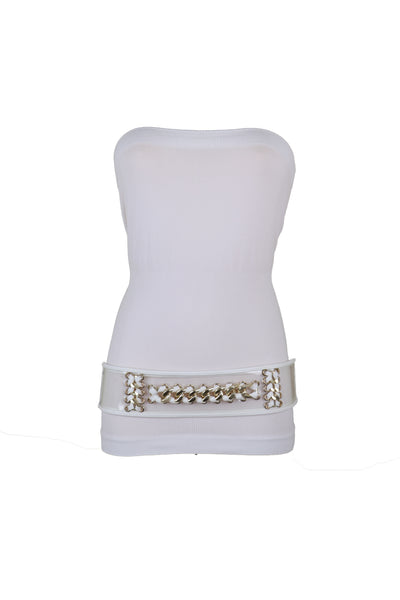 Brand New Women White Elastic Waistband Belt Gold Metal Chain Hip High Waist Size XS S