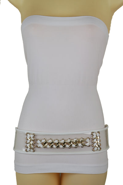 Brand New Women White Elastic Waistband Belt Gold Metal Chain Hip High Waist Size XS S