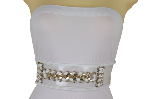 Brand New Women White Elastic Waistband Belt Gold Metal Chain Hip High Waist Size XS S