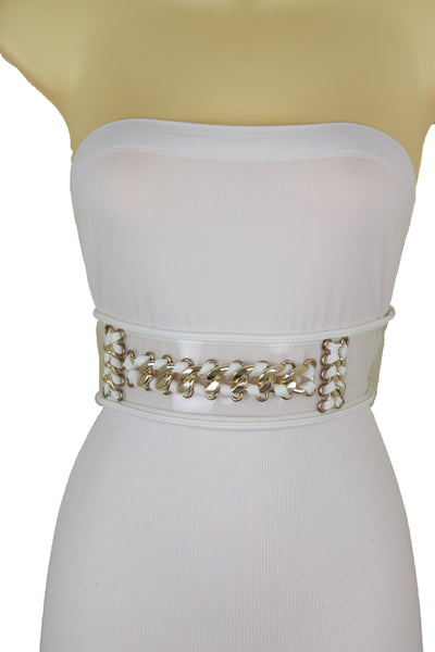 Brand New Women White Elastic Waistband Belt Gold Metal Chain Hip High Waist Size XS S