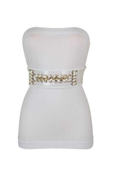 Brand New Women White Elastic Waistband Belt Gold Metal Chain Hip High Waist Size XS S