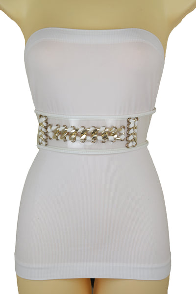 Brand New Women White Elastic Waistband Belt Gold Metal Chain Hip High Waist Size XS S