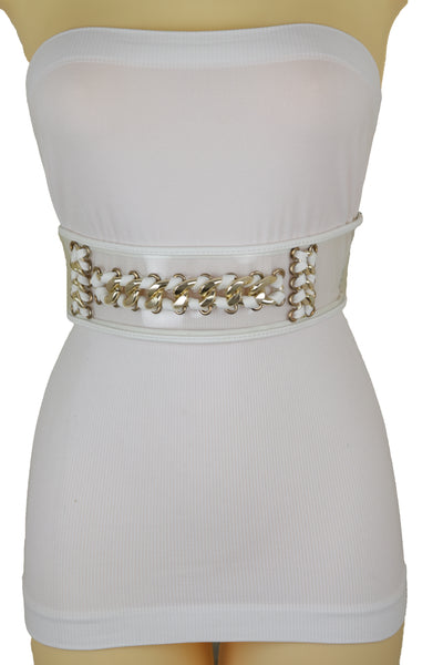 Brand New Women White Elastic Waistband Belt Gold Metal Chain Hip High Waist Size XS S