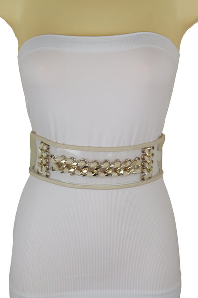 Brand New Women Wide Cream Elastic Fashion Belt High Waist Hip Gold Metal Chain Links S M