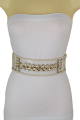 Wide Cream Elastic Fashion Belt High Waist Hip Gold Metal Chain Links S M