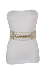 Wide Cream Elastic Fashion Belt High Waist Hip Gold Metal Chain Links S M