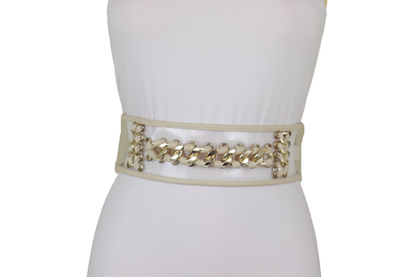 Brand New Women Wide Cream Elastic Fashion Belt High Waist Hip Gold Metal Chain Links S M