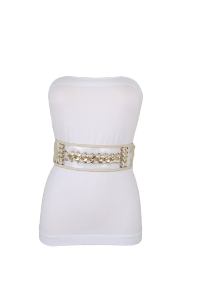 Brand New Women Wide Cream Elastic Fashion Belt High Waist Hip Gold Metal Chain Links S M