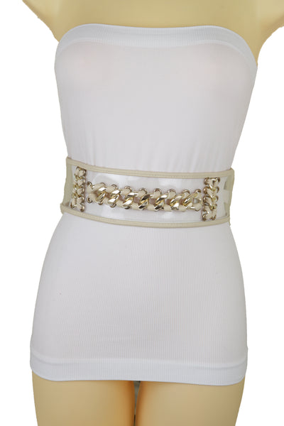 Brand New Women Wide Cream Elastic Fashion Belt High Waist Hip Gold Metal Chain Links S M