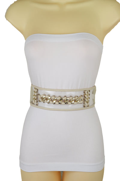 Brand New Women Wide Cream Elastic Fashion Belt High Waist Hip Gold Metal Chain Links S M