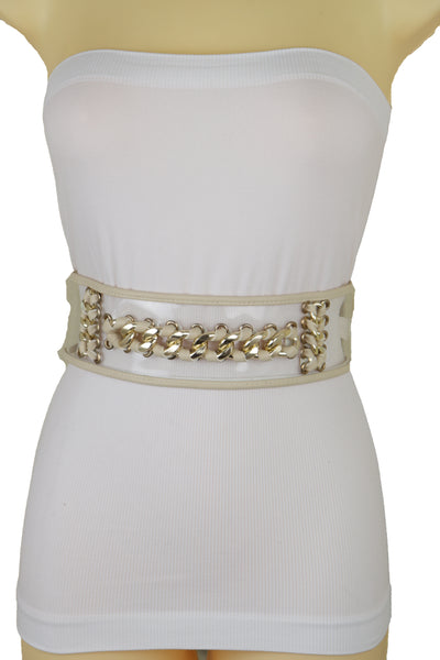 Brand New Women Wide Cream Elastic Fashion Belt High Waist Hip Gold Metal Chain Links S M