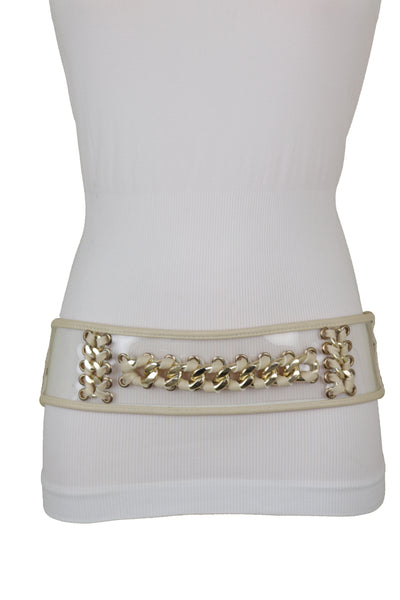 Brand New Women Wide Cream Elastic Fashion Belt High Waist Hip Gold Metal Chain Links S M