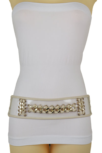 Brand New Women Wide Cream Elastic Fashion Belt High Waist Hip Gold Metal Chain Links S M