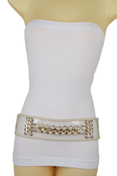 Brand New Women Wide Cream Elastic Fashion Belt High Waist Hip Gold Metal Chain Links S M