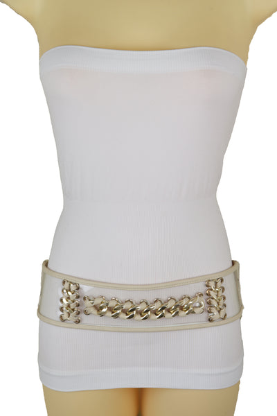 Brand New Women Wide Cream Elastic Fashion Belt High Waist Hip Gold Metal Chain Links S M