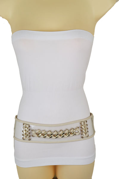 Brand New Women Wide Cream Elastic Fashion Belt High Waist Hip Gold Metal Chain Links S M