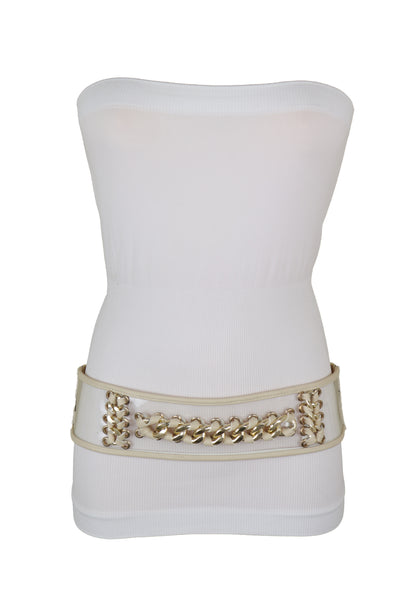 Brand New Women Wide Cream Elastic Fashion Belt High Waist Hip Gold Metal Chain Links S M