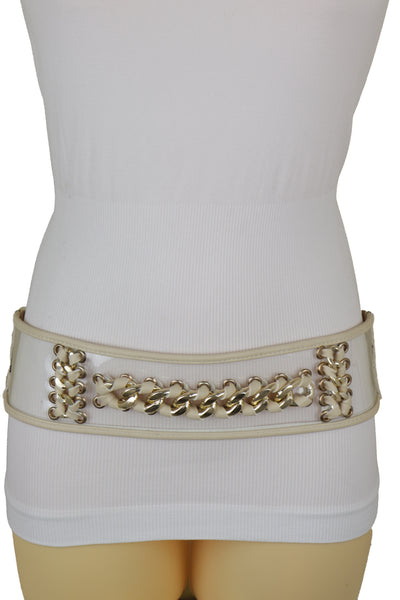 Brand New Women Wide Cream Elastic Fashion Belt High Waist Hip Gold Metal Chain Links S M