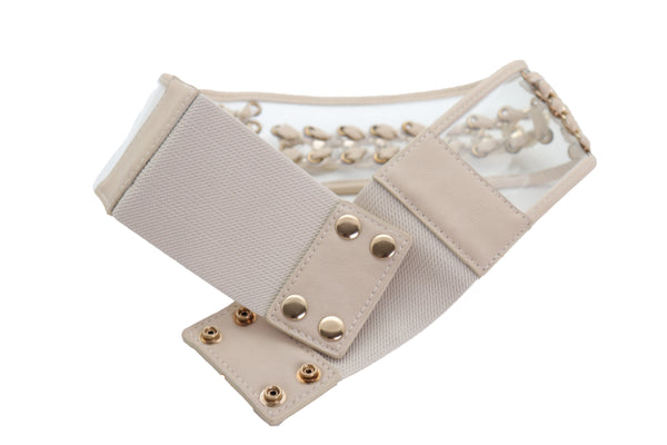 Brand New Women Wide Cream Elastic Fashion Belt High Waist Hip Gold Metal Chain Links S M