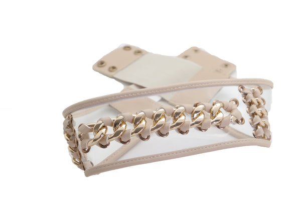 Brand New Women Wide Cream Elastic Fashion Belt High Waist Hip Gold Metal Chain Links S M