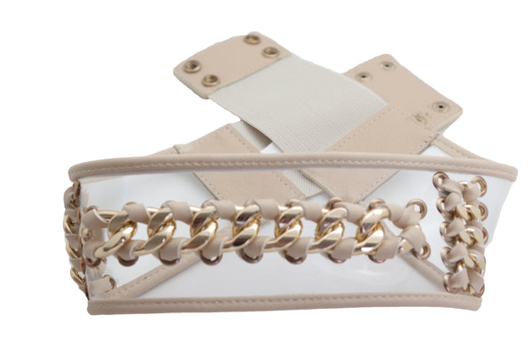 Brand New Women Wide Cream Elastic Fashion Belt High Waist Hip Gold Metal Chain Links S M