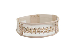 Wide Cream Elastic Fashion Belt High Waist Hip Gold Metal Chain Links S M