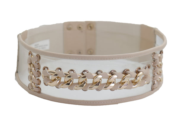 Brand New Women Wide Cream Elastic Fashion Belt High Waist Hip Gold Metal Chain Links S M