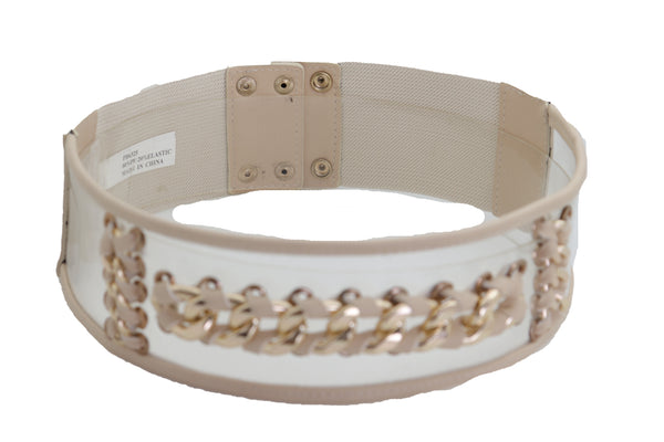 Brand New Women Wide Cream Elastic Fashion Belt High Waist Hip Gold Metal Chain Links S M