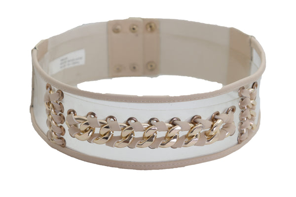 Brand New Women Wide Cream Elastic Fashion Belt High Waist Hip Gold Metal Chain Links S M
