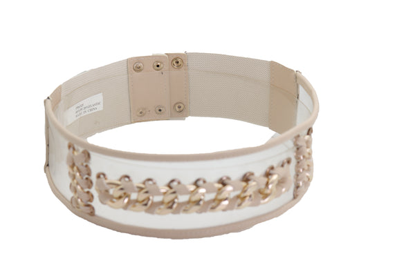 Brand New Women Wide Cream Elastic Fashion Belt High Waist Hip Gold Metal Chain Links S M