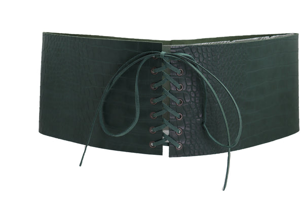 Brand New Women Extra Wide Tie Green Corset Fashion Belt Faux Crocodile Skin Leather M L