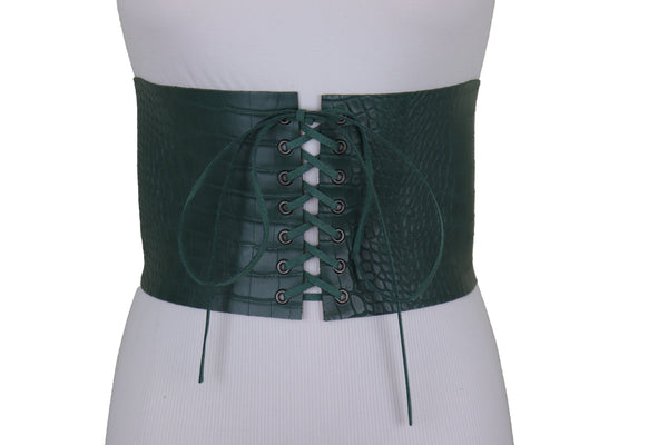Brand New Women Extra Wide Tie Green Corset Fashion Belt Faux Crocodile Skin Leather M L